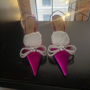 MACH & MACH Fuchsia Satin Heels with Crystal Embellishment